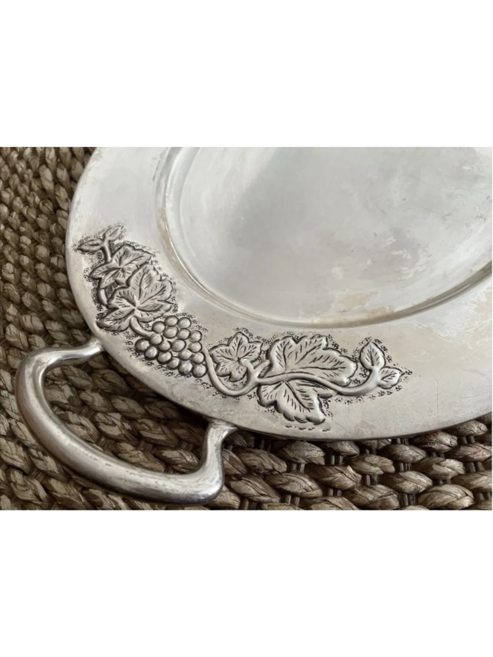 Pottery Barn Vineyard Collection Oval Silver Tone Tray Platter Grapevine Handles